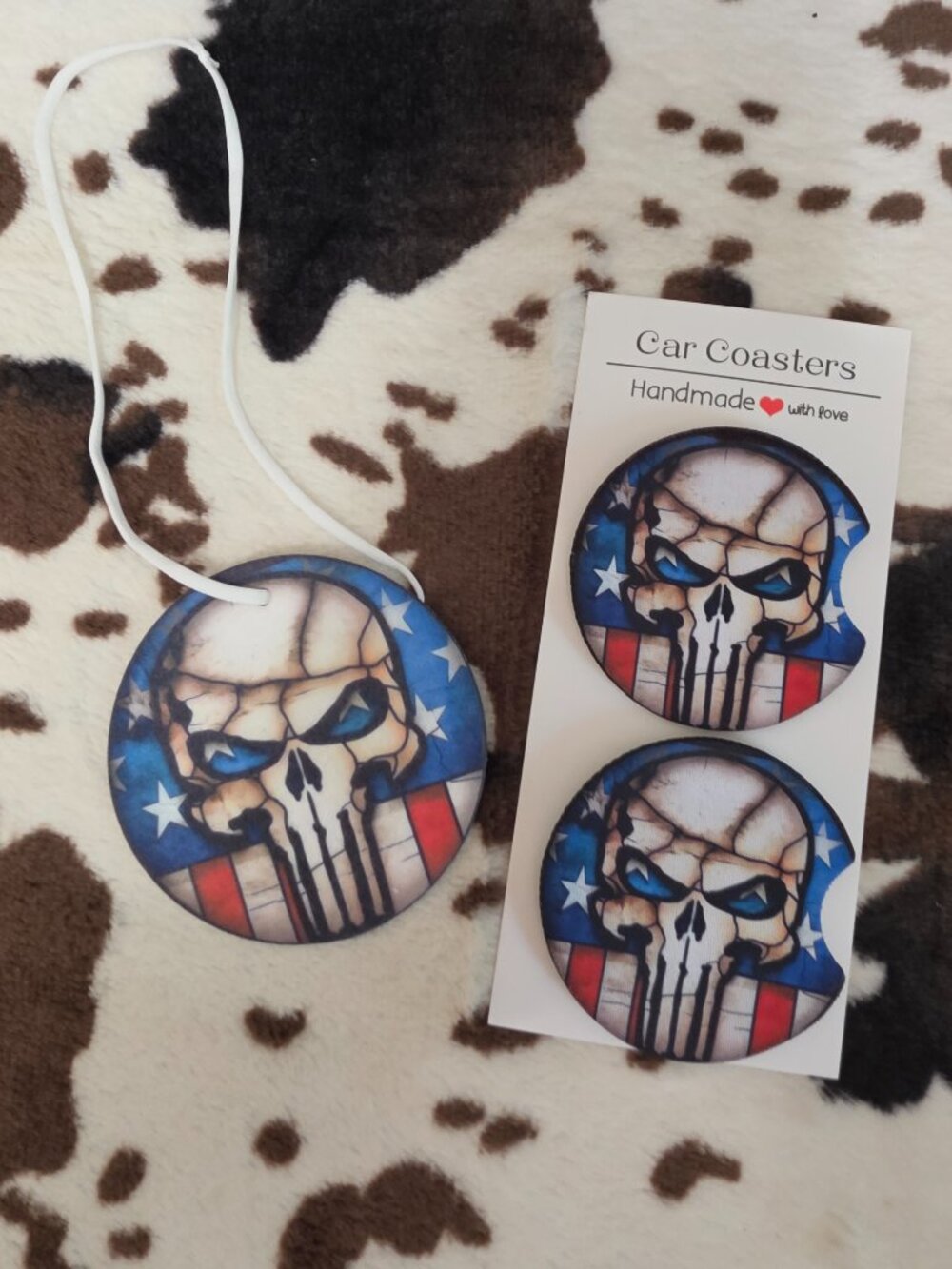 Punisher Skull Unscented Car Air Freshener Car Coaster Bundle Car Accessory Set